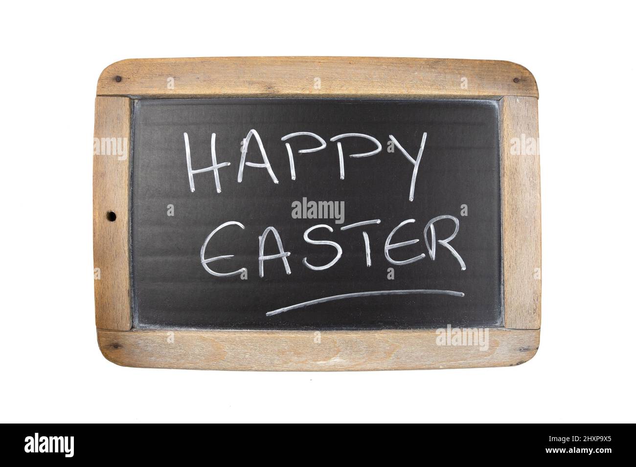 Inschrift in englischer Sprache auf einem Schiefer frohe ostern auf weißem Hintergrund Stockfoto