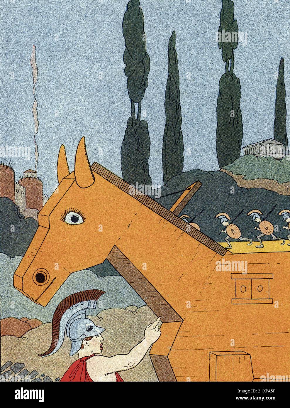 Mythologie grecque : representation du cheval de Troie (Trojanisches Pferd) Illustration de Benjamin Rabier (mort en 1939) pour 'les animaux mythologiques' 1926 Collection privee Stockfoto