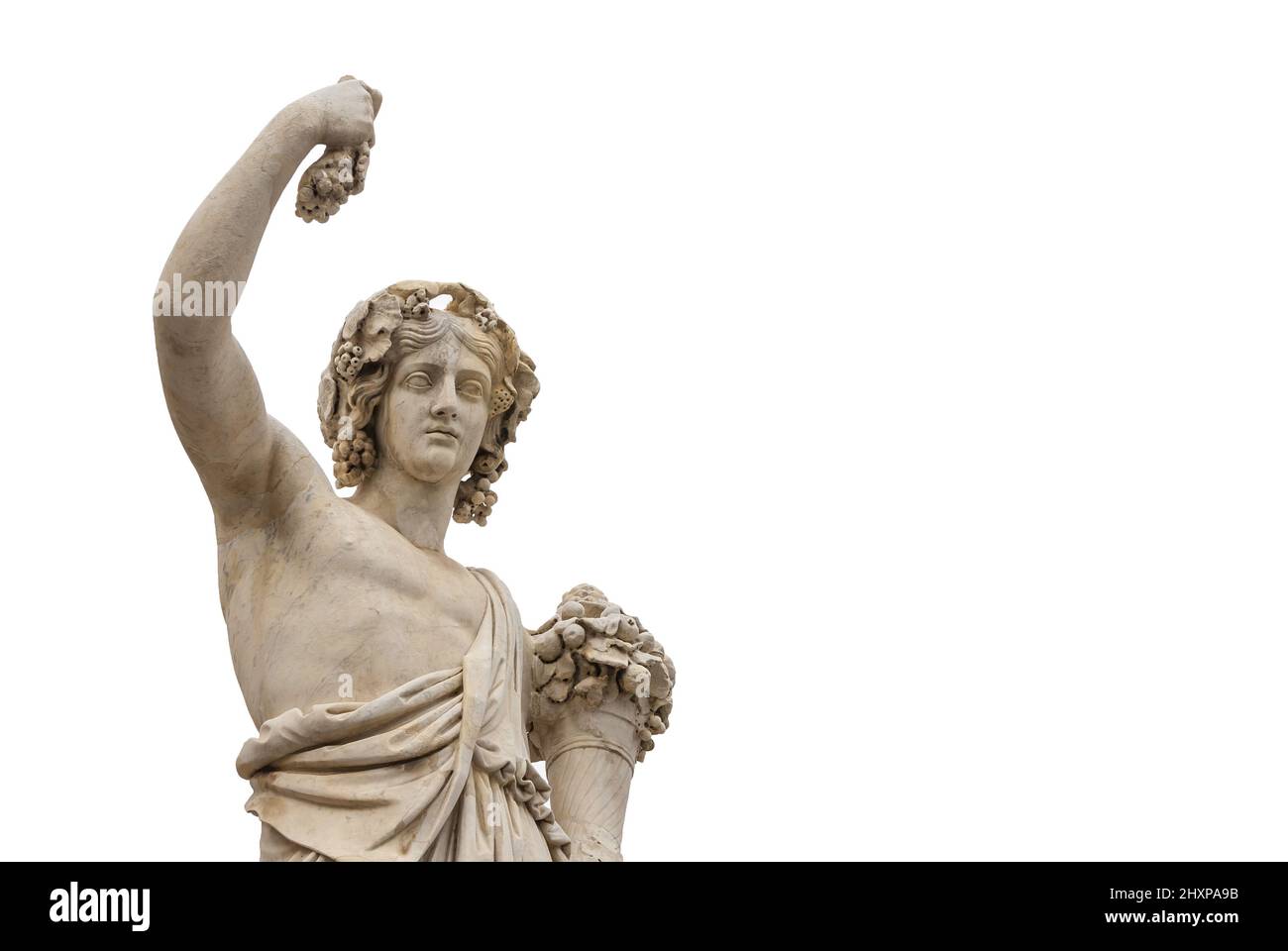 Heidentum in der Antike. Der römische oder griechische gott Bacchus, der Trauben hält, eine neoklassische Marmorstatue, die im 19.. Jahrhundert im historischen Zentrum Roms errichtet wurde Stockfoto