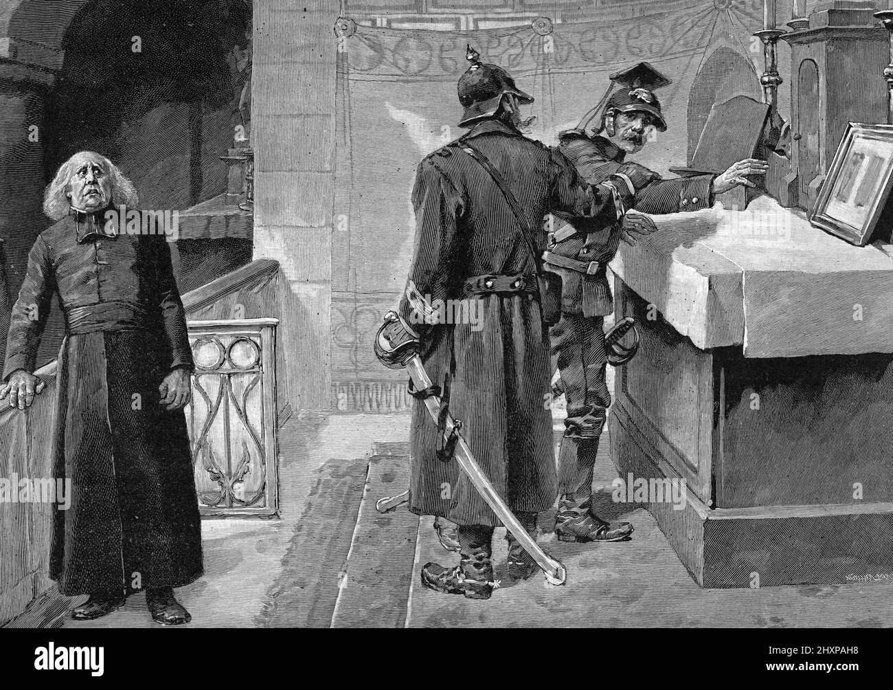 Guerre franco-prussienne de 1870 : 'es soldats prussiens profanant une eglise en Lorraine' Gravure tiree de 'Sang gaulois' d'Edouard Zier 1905 Collection privee Stockfoto