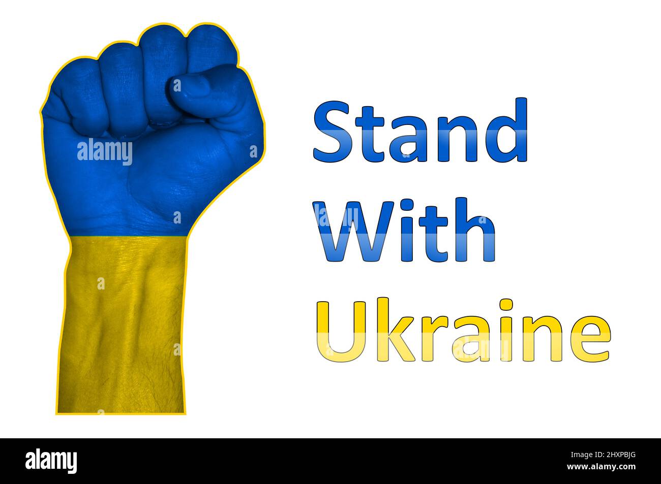 Solidarität mit der Ukraine abstrakter Hintergrund mit der Ukraine-Flagge auf die Faust gemalt. Patriotisches und Zweisamkeit Konzept. Stehen Sie vor dem Hintergrund der Ukraine. Stockfoto