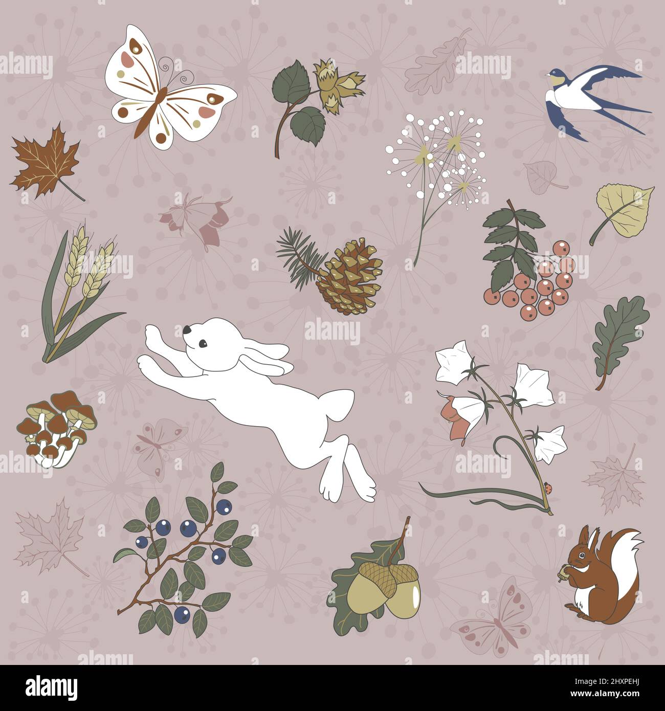 Vektordarstellung von Waldtieren und -Pflanzen. Hintergrund für Textilien, Verpackung, Karten, Tapete Stock Vektor