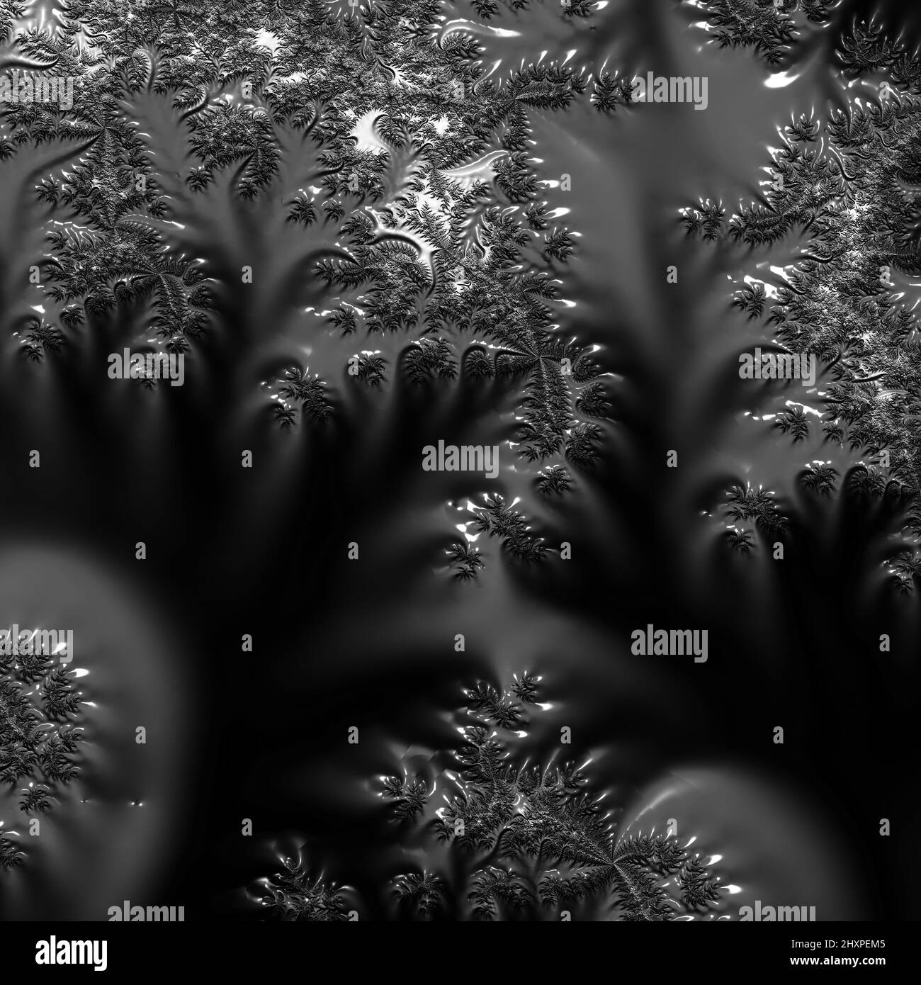 Digitale abstrakte Fraktal Hintergrund generiert am Computer in schwarz und weiß. Stockfoto