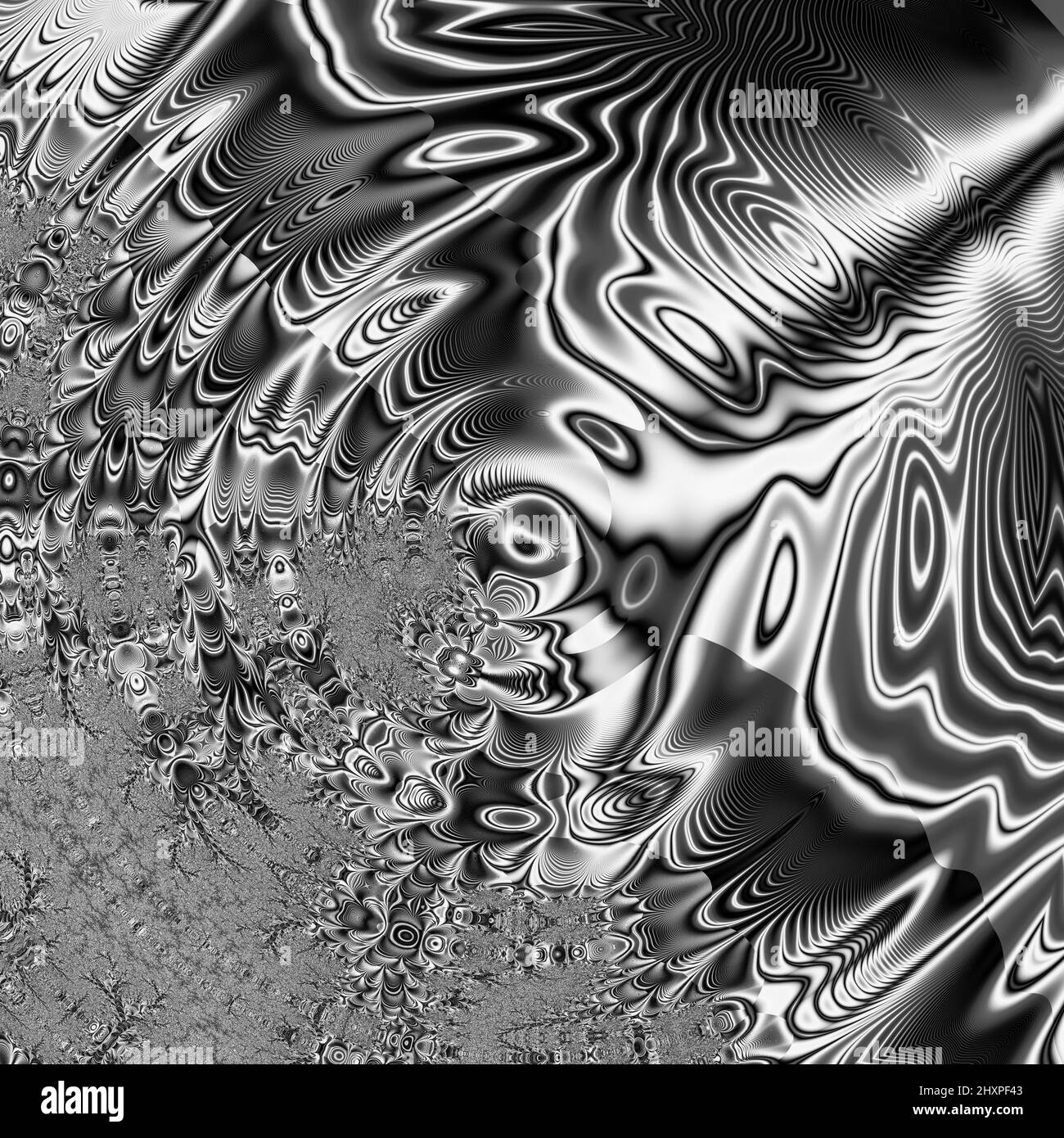 Digitale abstrakte Fraktal Hintergrund generiert am Computer in schwarz und weiß. Stockfoto