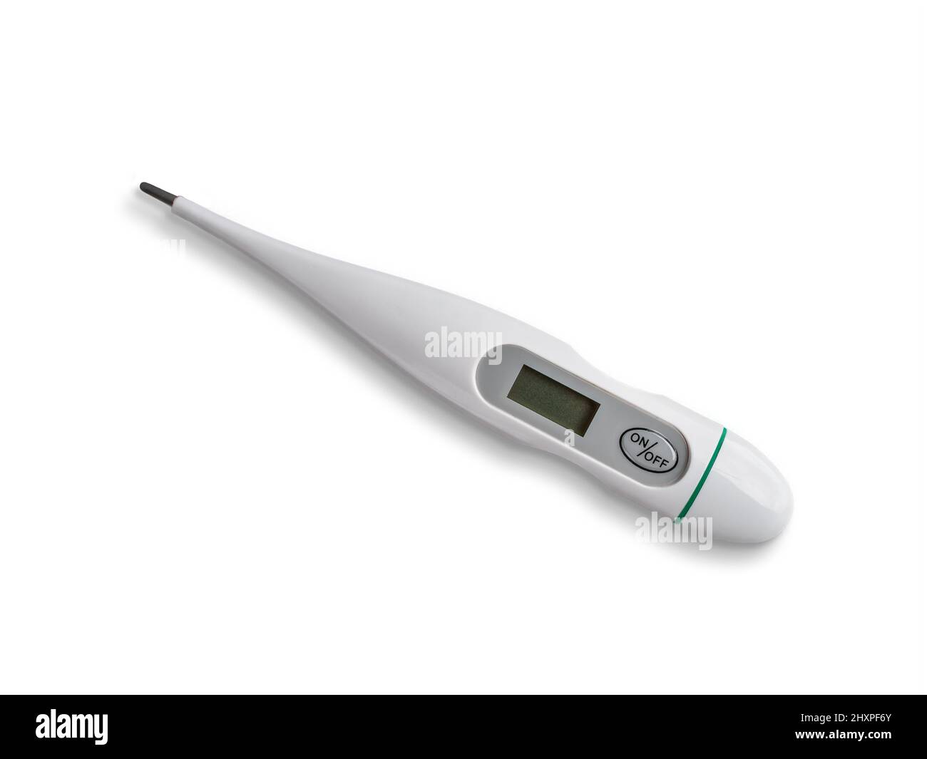Elektronisches Thermometer auf Weiß isoliert. Fieberdiagnostik und Gesundheitskonzept. Stockfoto