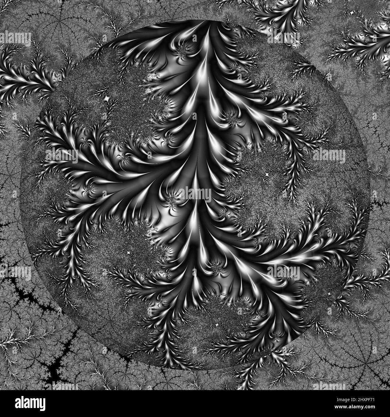 Digitale abstrakte Fraktal Hintergrund generiert am Computer in schwarz und weiß. Stockfoto