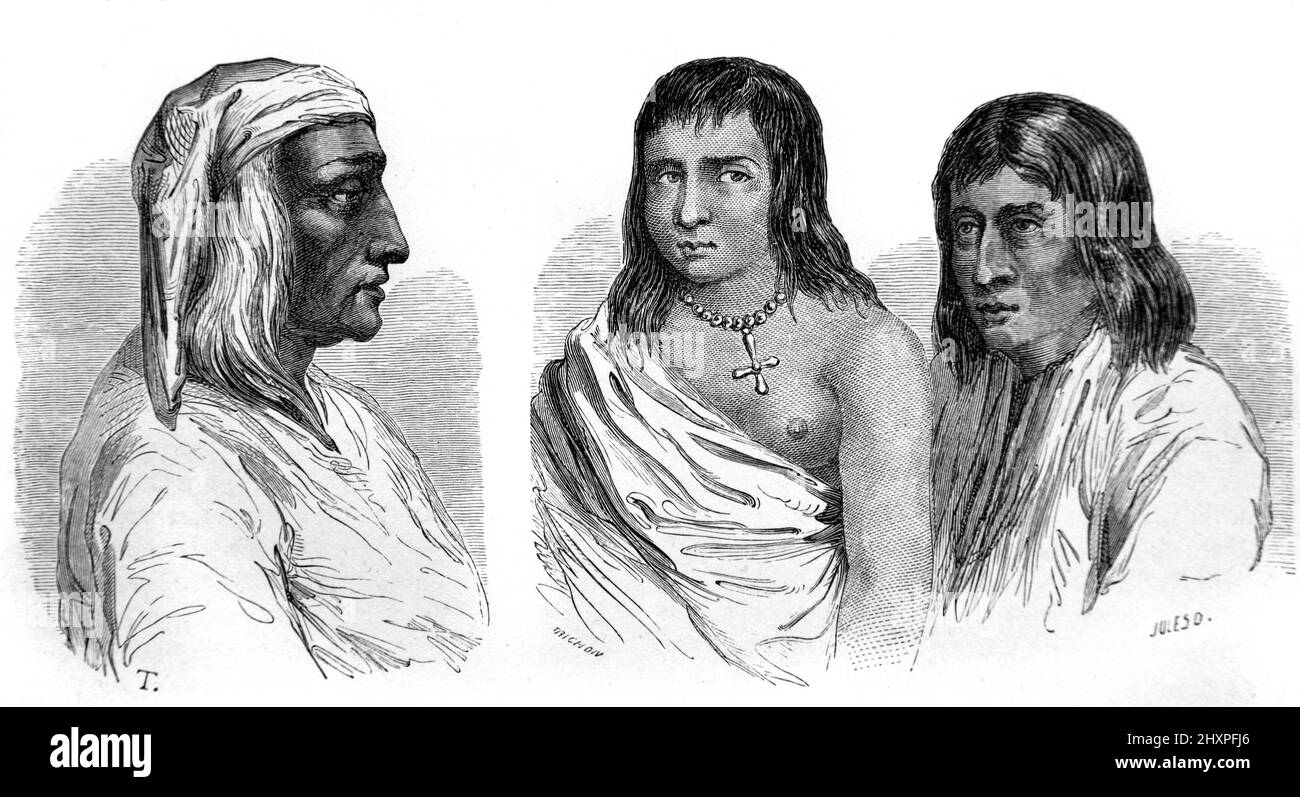 Porträts von indianischen Einwohnern von Kewa Pueblo oder Santo Domingo Pueblo mit einem Alacade (Bürgermeister) und Pueblo Paar New Mexico USA, USA oder den Vereinigten Staaten von Amerika. Vintage Illustration oder Gravur 1860. Stockfoto