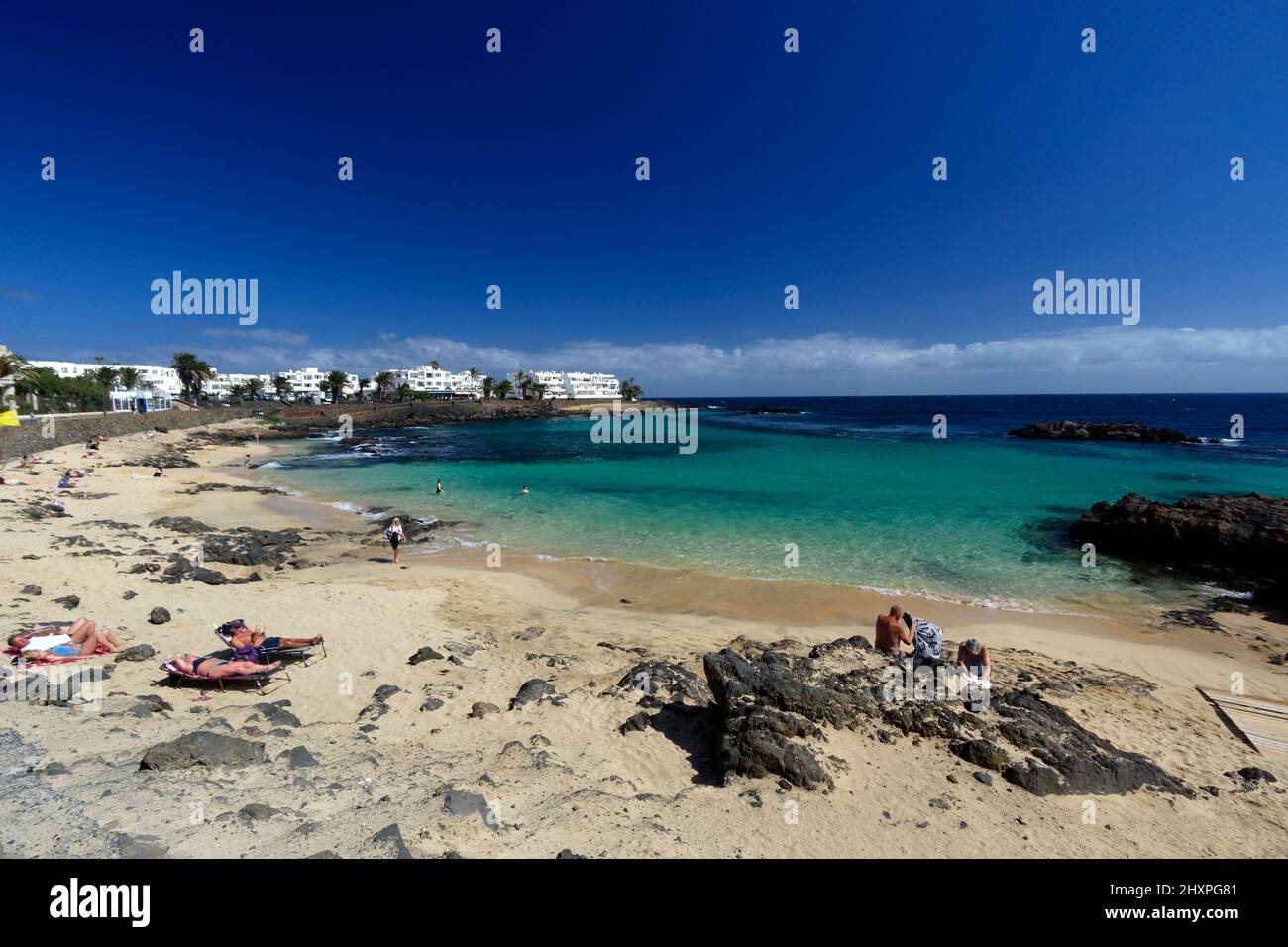 Playa Del Jabillio, Costa Teguise, Lanzarote, Kanarische Inseln, Spanien. Stockfoto