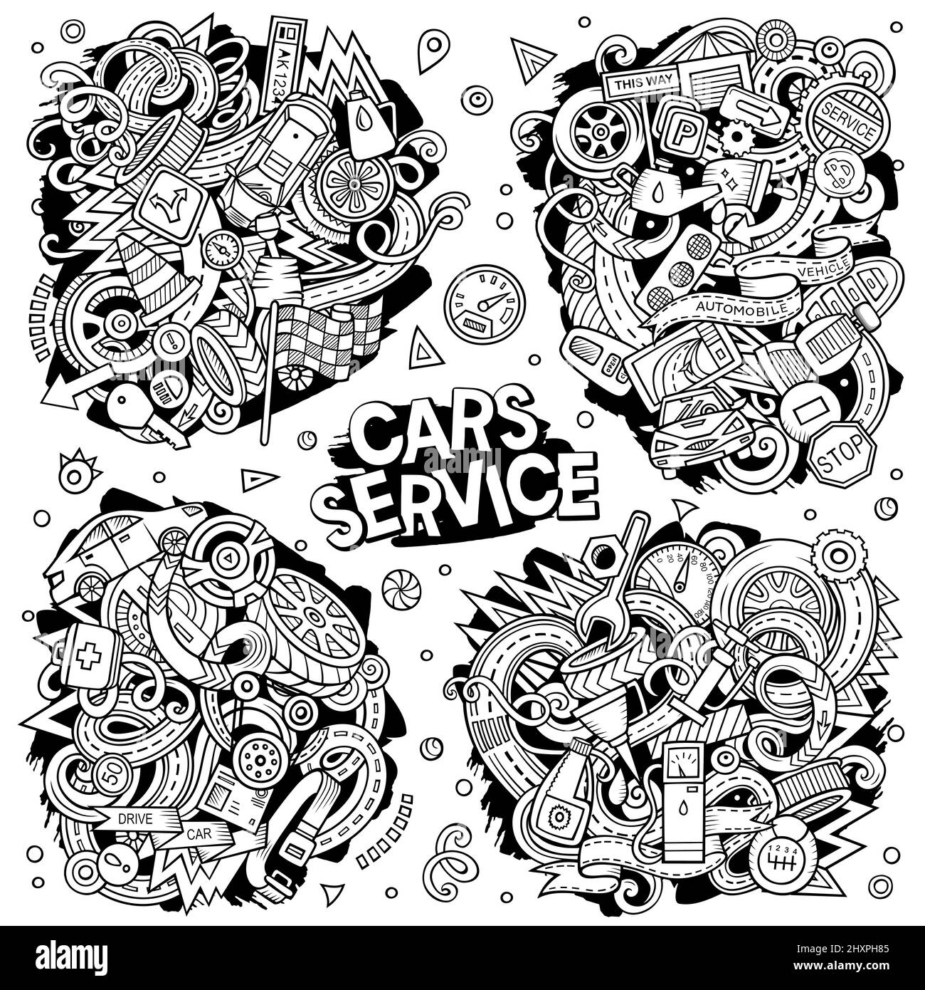 Auto Service Cartoon Vektor Doodle Designs gesetzt. Line Art detaillierte Kompositionen mit vielen Automotive-Objekten und Symbolen. Alle Elemente sind getrennt Stock Vektor