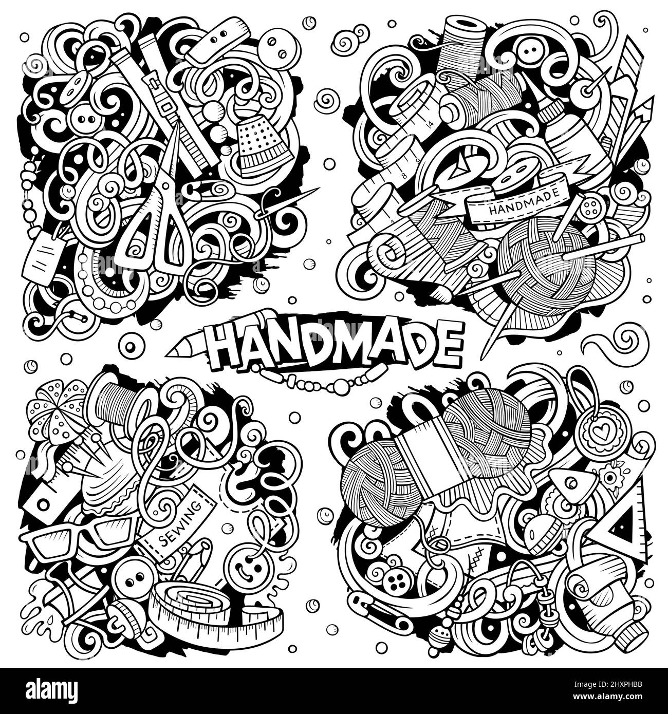 Handgemachte Cartoon Vektor Doodle Designs Set. Line Art detaillierte Kompositionen mit vielen handgefertigten Objekten und Symbolen. Alle Elemente sind getrennt Stock Vektor