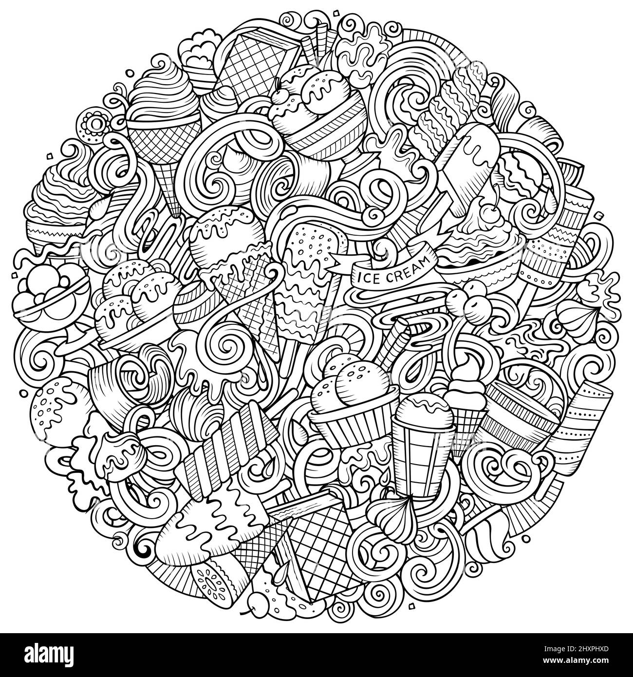 Handgezeichnete Vektorgrafiken für Eiscreme. Posterdesign für Süßigkeiten. Sweet Food Elemente und Objekte Cartoon Hintergrund. Stock Vektor