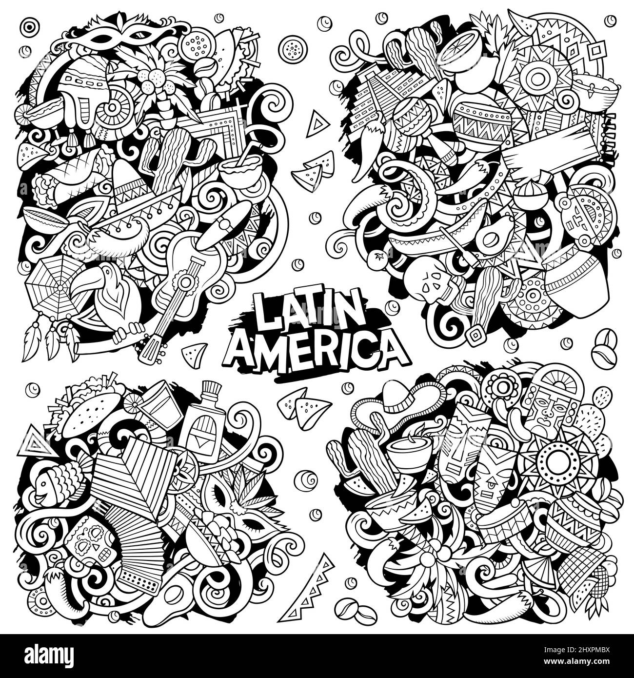 Lateinamerikanische Cartoon Vektor Doodle Designs Set. Skizzenhafte, detailreiche Kompositionen mit vielen lateinamerikanischen Objekten und Symbolen. Alle Elemente sind getrennt Stock Vektor