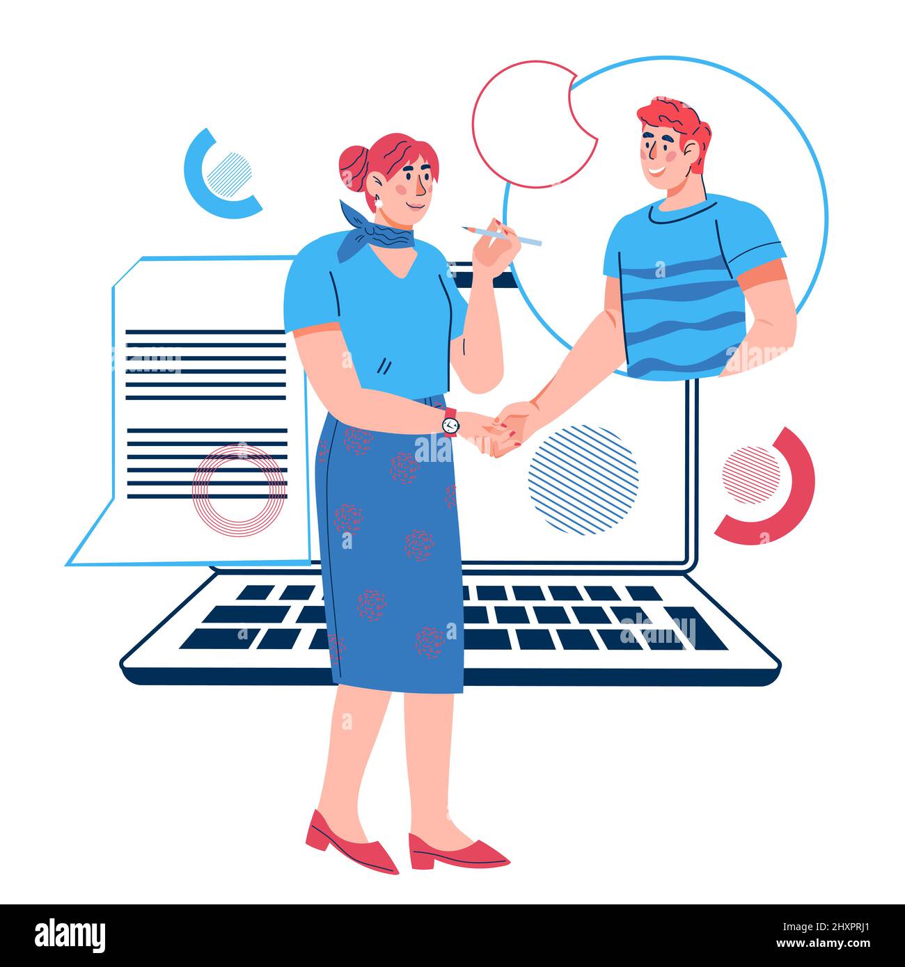 Online-Vertrag oder Vertragskonzept mit Geschäftsleuten, die sich die Hände schütteln. Stock Vektor