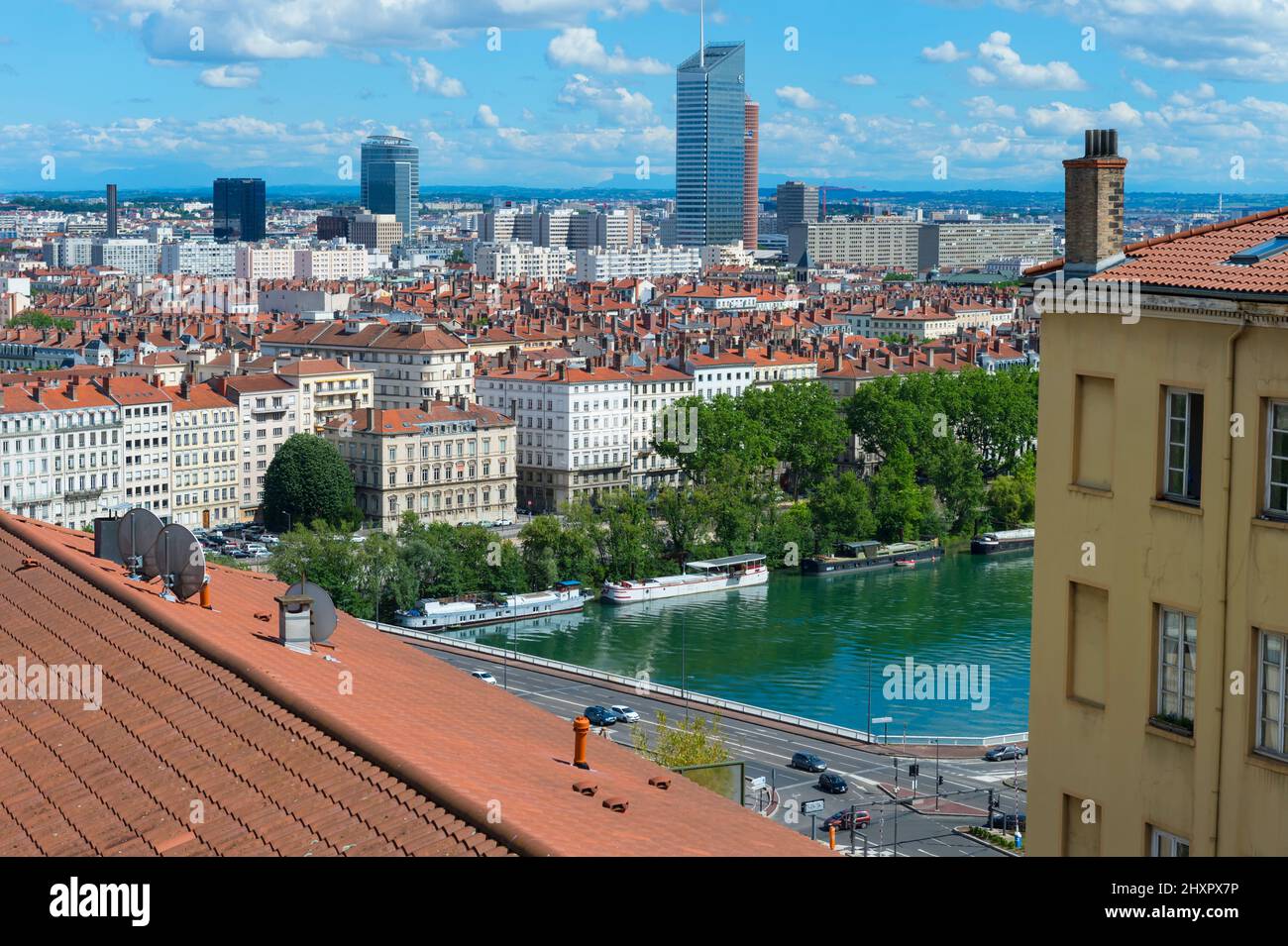 Lyon und die Rhône gesehen von La Croix Rousse, Bellevue Square, Rhône-Alpes, Frankreich Stockfoto