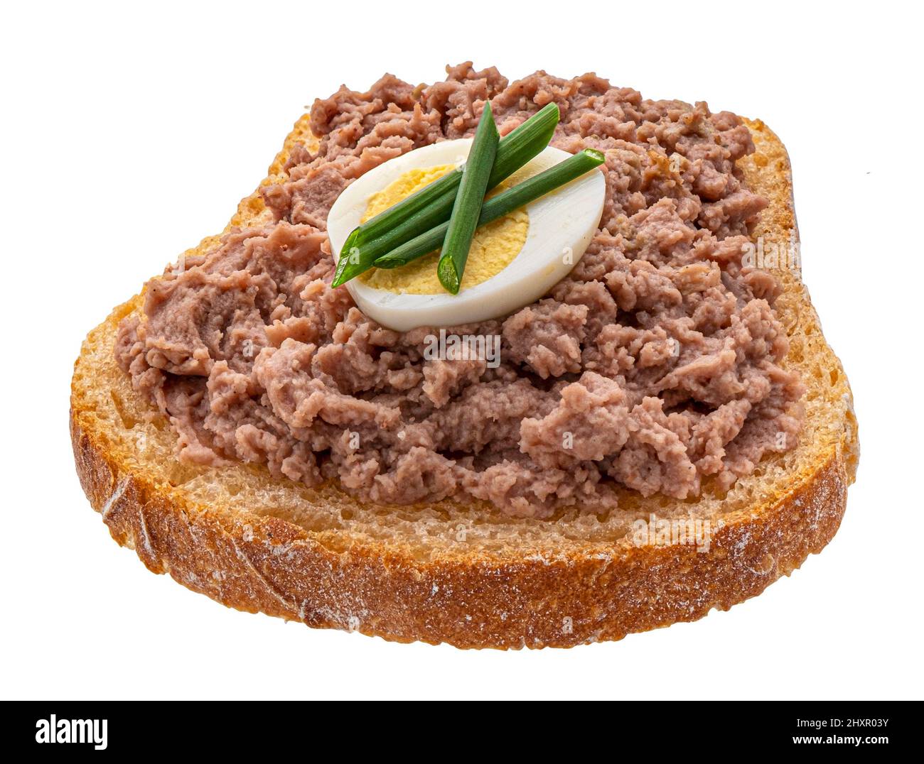 Brotscheibe mit Leberpastete isoliert auf weißem Hintergrund Stockfoto