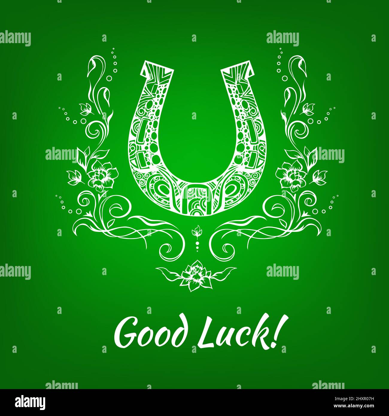 Hufeisen mit Ornament, Rosen und blüht um, Tinte handgezeichnete Design-Element auf grün. Tattoo Symbol des Glücks Stock Vektor