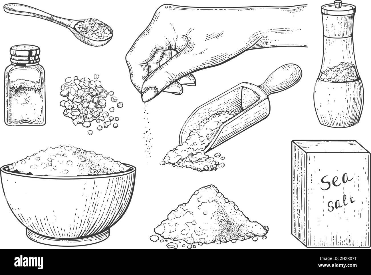 Meersalz Vintage Gravur, Würze von Lebensmitteln in Löffel und Schüssel. Handgezeichnetes Salzkristallpulver in der Hand, Holzlöffel mit Salz-Vektor-Skizze-Set. Salzstreuer, Behälter und Verpackung für Kristalle Stock Vektor