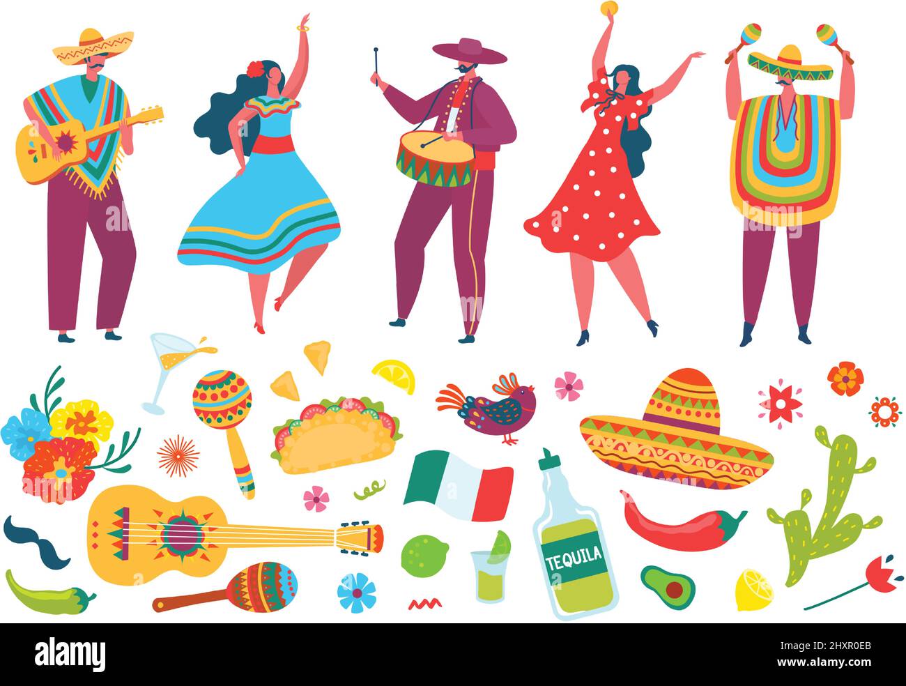 Cinco de Mayo Fiesta Elements, mexikanische Menschen in traditioneller Kleidung. Mexiko Festival Feier, Mariachi-Band, Sombrero, Gitarre Vektor-Set. Männer und Frauen mit Musikinstrumenten Stock Vektor