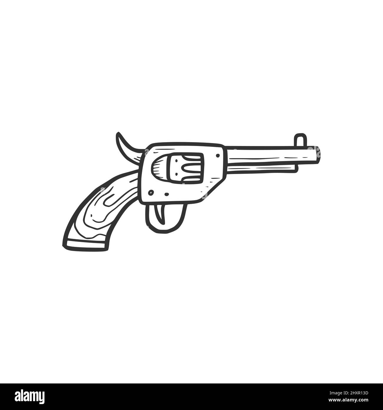 Handgezeichnetes Revolver-Pistolenelement. Comic-Doodle-Skizze. Cowboy, westliche Konzeptikone. Isolierte Vektordarstellung. Stock Vektor