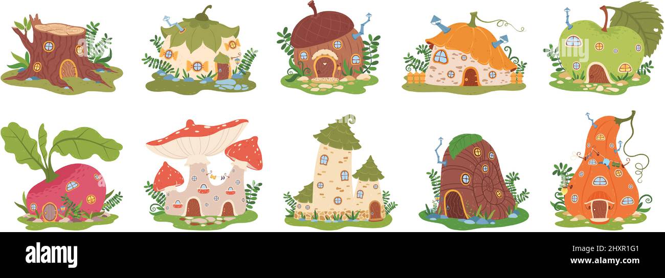 Cartoon Garten gnome Häuser, niedliche Märchen Zwerge Haus. Fantasy Waldelfen Gebäude in Form von Pilz, Kürbis, Apfel Vektor-Set. Kleine magische Häuser mit Grün isoliert auf weiß Stock Vektor
