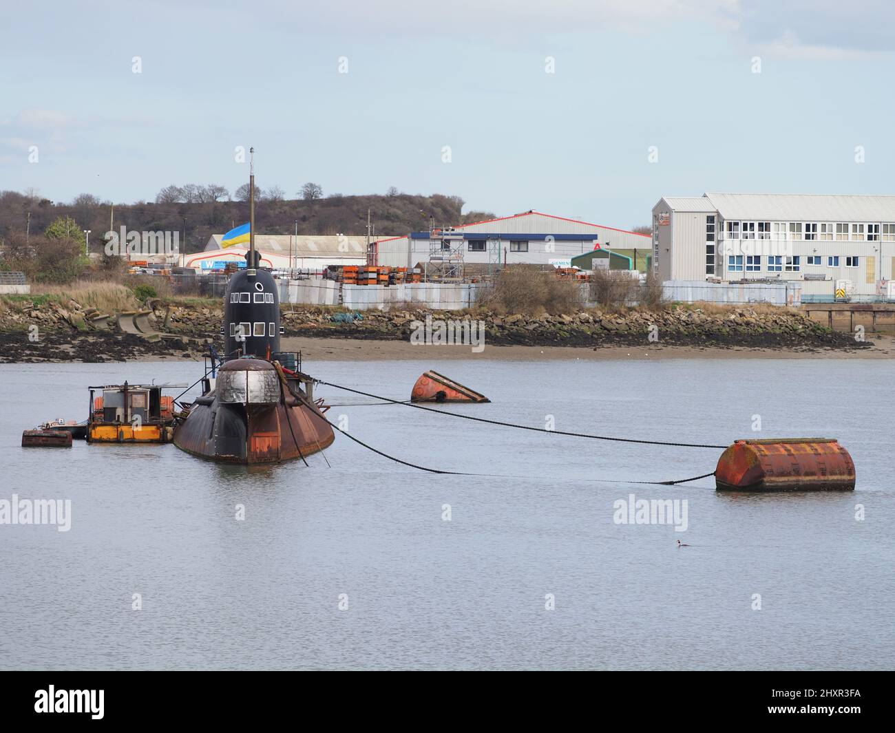 Rochester, Kent, Großbritannien. 14. März 2022. Die ehemalige russische U-475 Black Widow - eine Sowjetische Marine aus der Zeit des Kalten Krieges, die sich an der Medway in der Nähe von Rochester / Strood befindet, zeigt derzeit eine ukrainische Flagge, um die Unterstützung des ukrainischen Volkes zu zeigen. Kredit: James Bell/Alamy Live Nachrichten Stockfoto