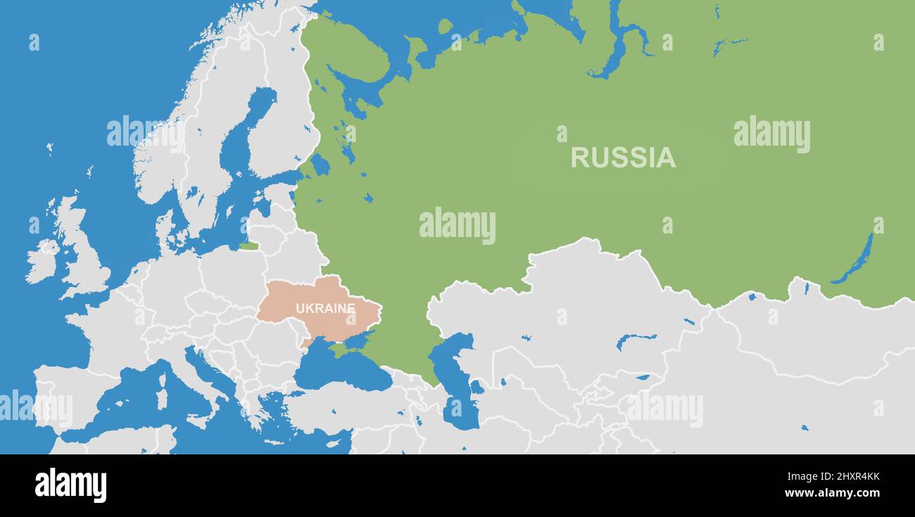 Russland und die Ukraine auf Eurasien skizzieren Karte. Ukrainisches und russisches Territorium auf globaler politischer Landkarte mit Europa und Asien. Konzept von Russland und der Ukraine Stockfoto