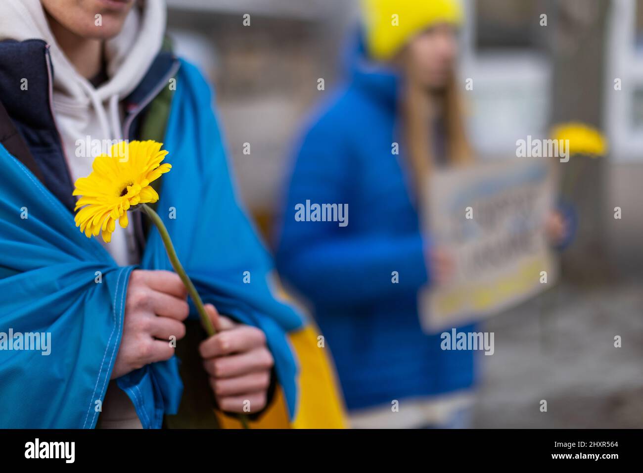 Protest gegen russische Invasion in der Ukraine. Junger Mann in ukrainische Flagge gehüllt mit blauen und gelben Blumen. Stockfoto