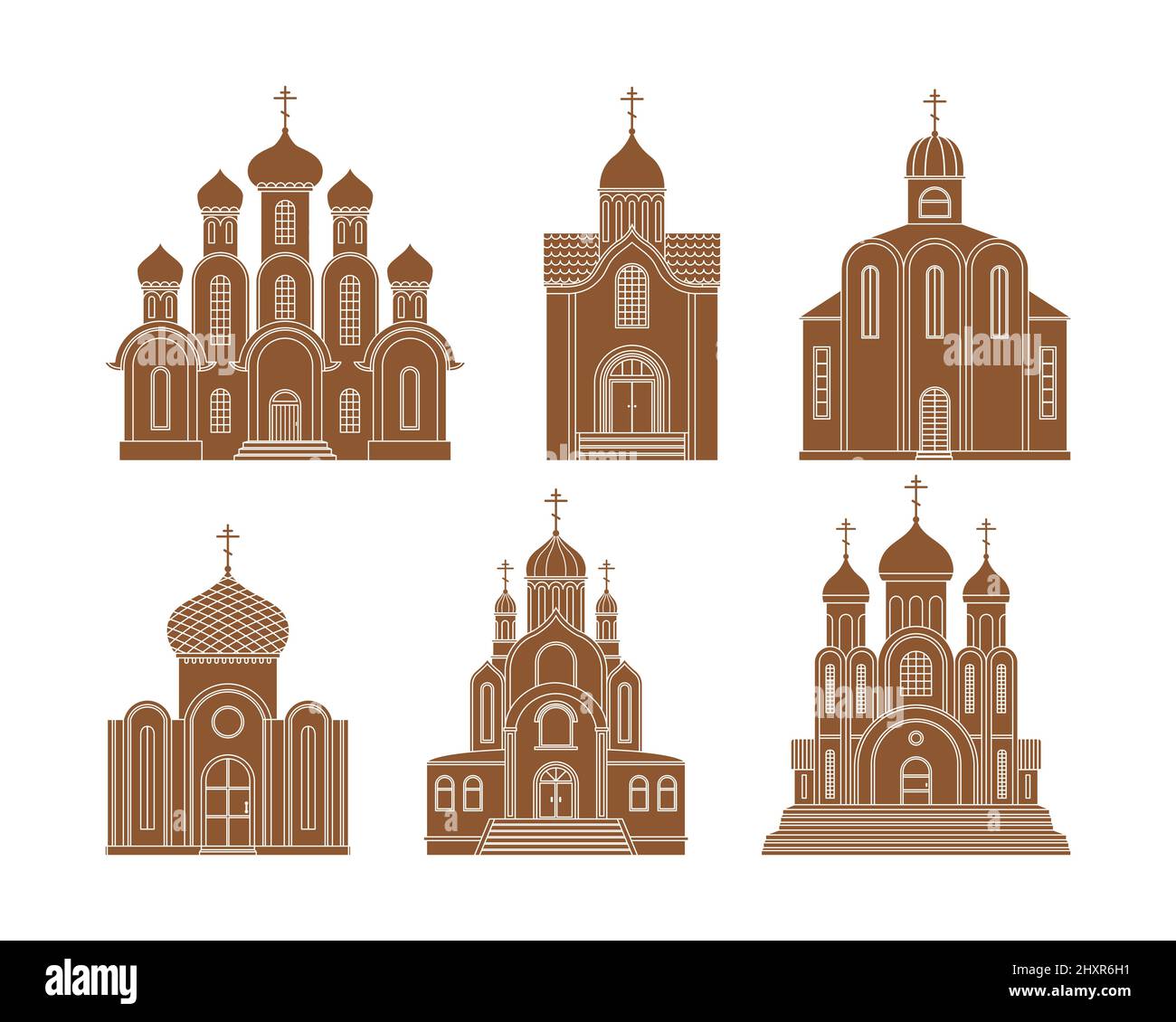 Vektor-Set mit Illustrationen der orthodoxen christlichen Kirche. Ein religiöses Gebäude. Schlichter Stil Stock Vektor