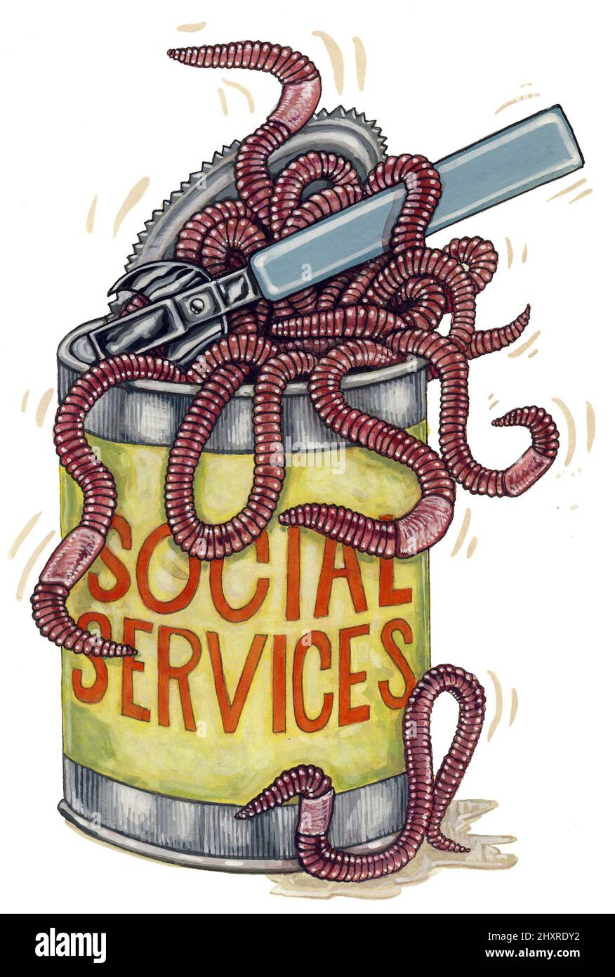 Konzeptkunst: Dose von Würmern mit den Worten Social Services auf der Seite, die die Idee von Sozialarbeiterkunden mit unerwarteten psychischen Problemen illustrieren Stockfoto