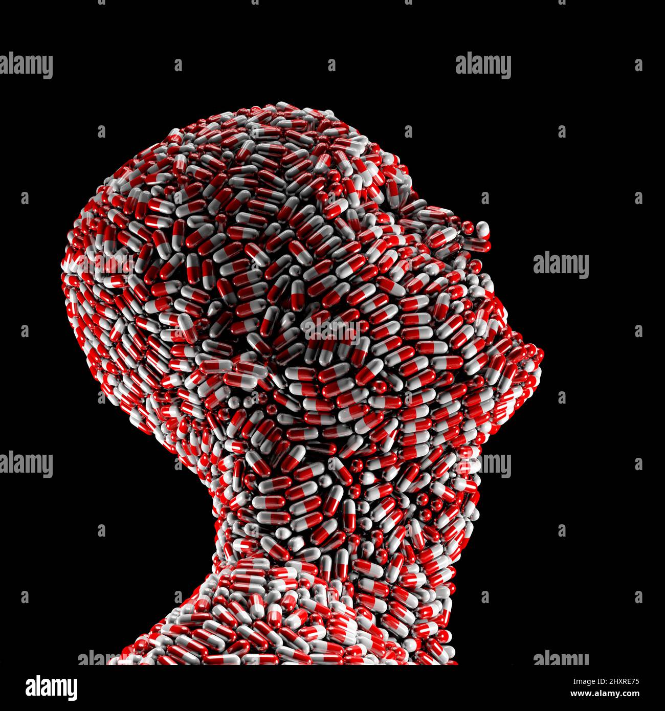 Medizinische Kapsel Kopf Metapher - 3D Illustration von Medizin Kapseln bilden männliche menschliche Gesicht Blick nach oben isoliert auf schwarz Stockfoto