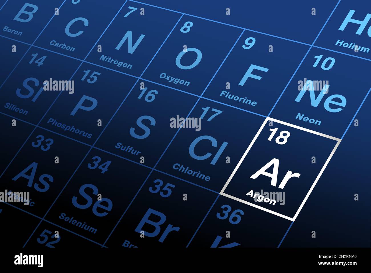 Argon im Periodensystem der Elemente. Edelgas, mit Symbol Ar und Ordnungszahl 18. Stockfoto