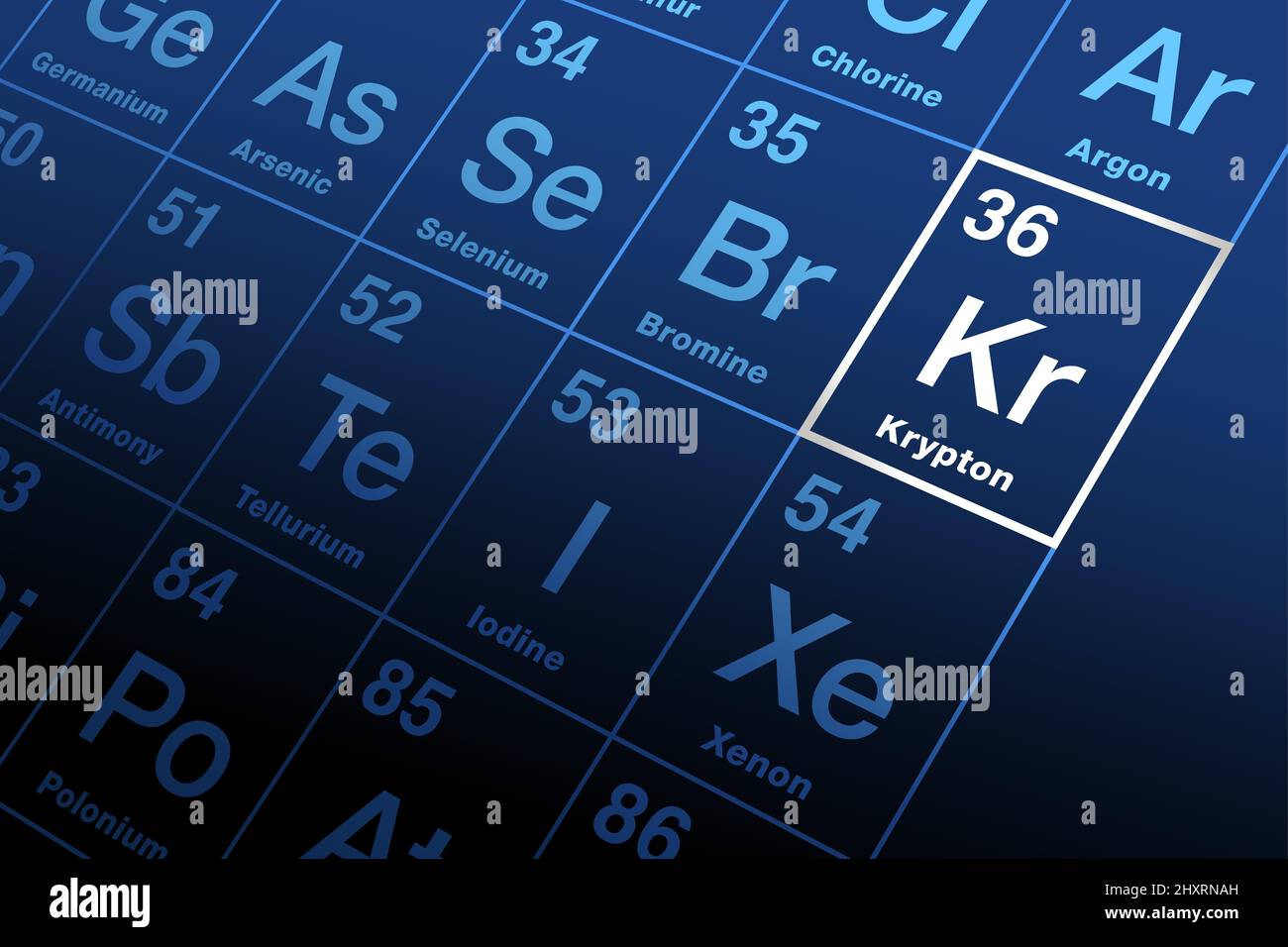 Krypton auf dem Periodensystem der Elemente. Edelgas mit dem Symbol Kr aus griechischem Kryptos, dem verborgenen, mit der Ordnungszahl 36. Stockfoto