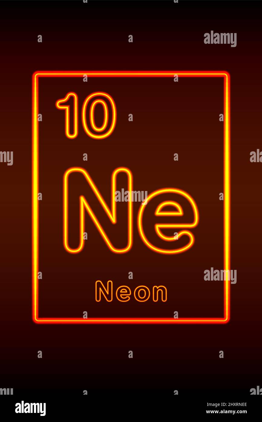 Element Neon des Periodensystems der Elemente. Die Ordnungszahl 10, das Symbol Ne und der Name des chemischen Elements und des Edelgasneons. Stockfoto