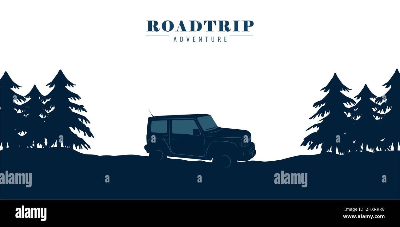 Roadtrip Abenteuer Reise Straße mit Auto auf blauen Waldlandschaft Stock Vektor