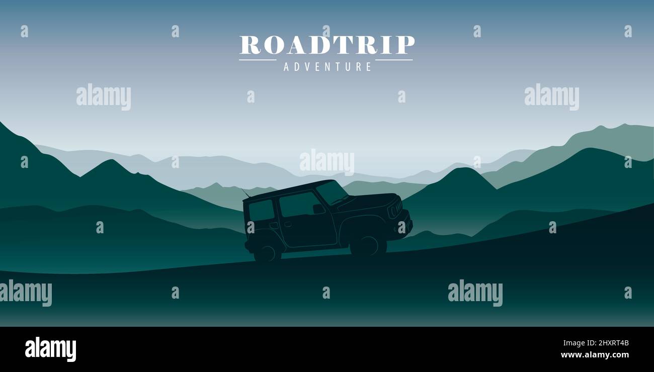 Roadtrip Abenteuer mit 4x4 Offroad Auto blauen Waldlandschaft Stock Vektor