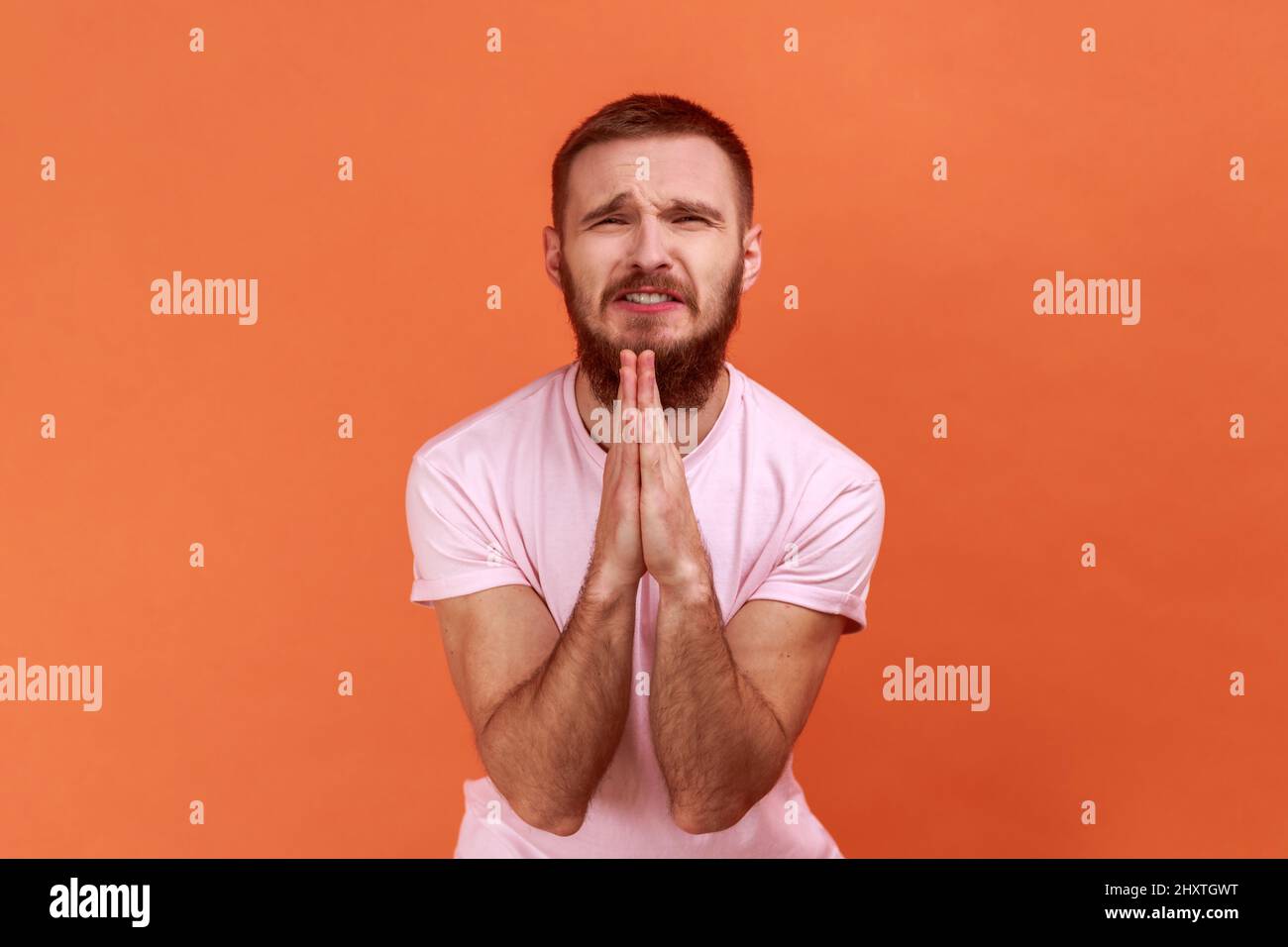 Porträt eines bärtigen Mannes, der im Gebet die Hände faltete, die Augen schloss und mit gott sprach, um Hilfe bat, Dankbarkeit ausdrückte und ein rosa T-Shirt trug. Innenaufnahme des Studios isoliert auf orangefarbenem Hintergrund. Stockfoto