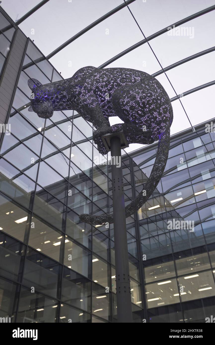 dh Leopard Statue ABERDEEN SCHOTTLAND Andy Scott heraldisches Symbol Stahlskulptur Marischal Square Atrium Stockfoto