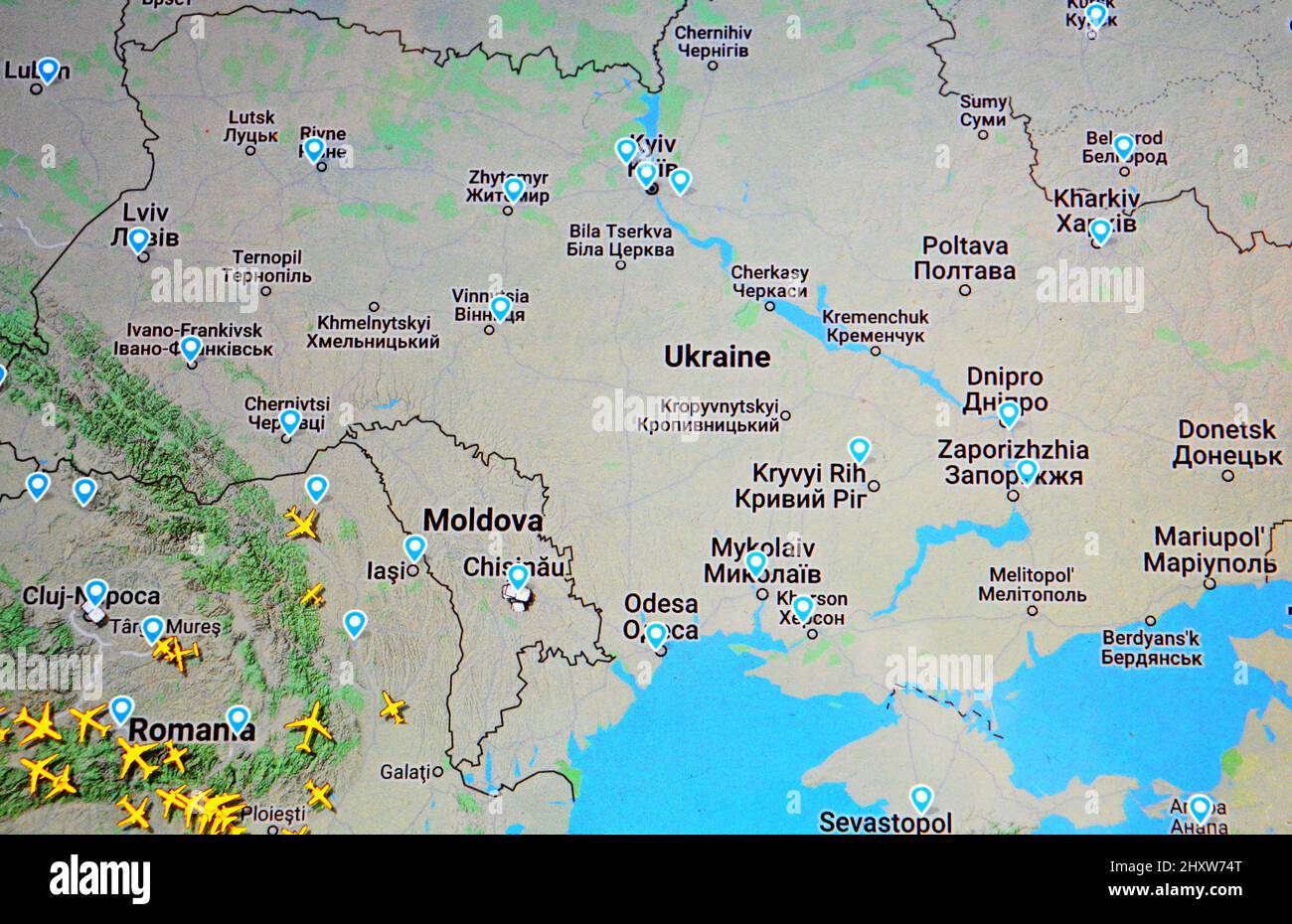 Flugverkehr in der Ukraine am 7. märz 2022 auf Flightradar 24 Stockfoto