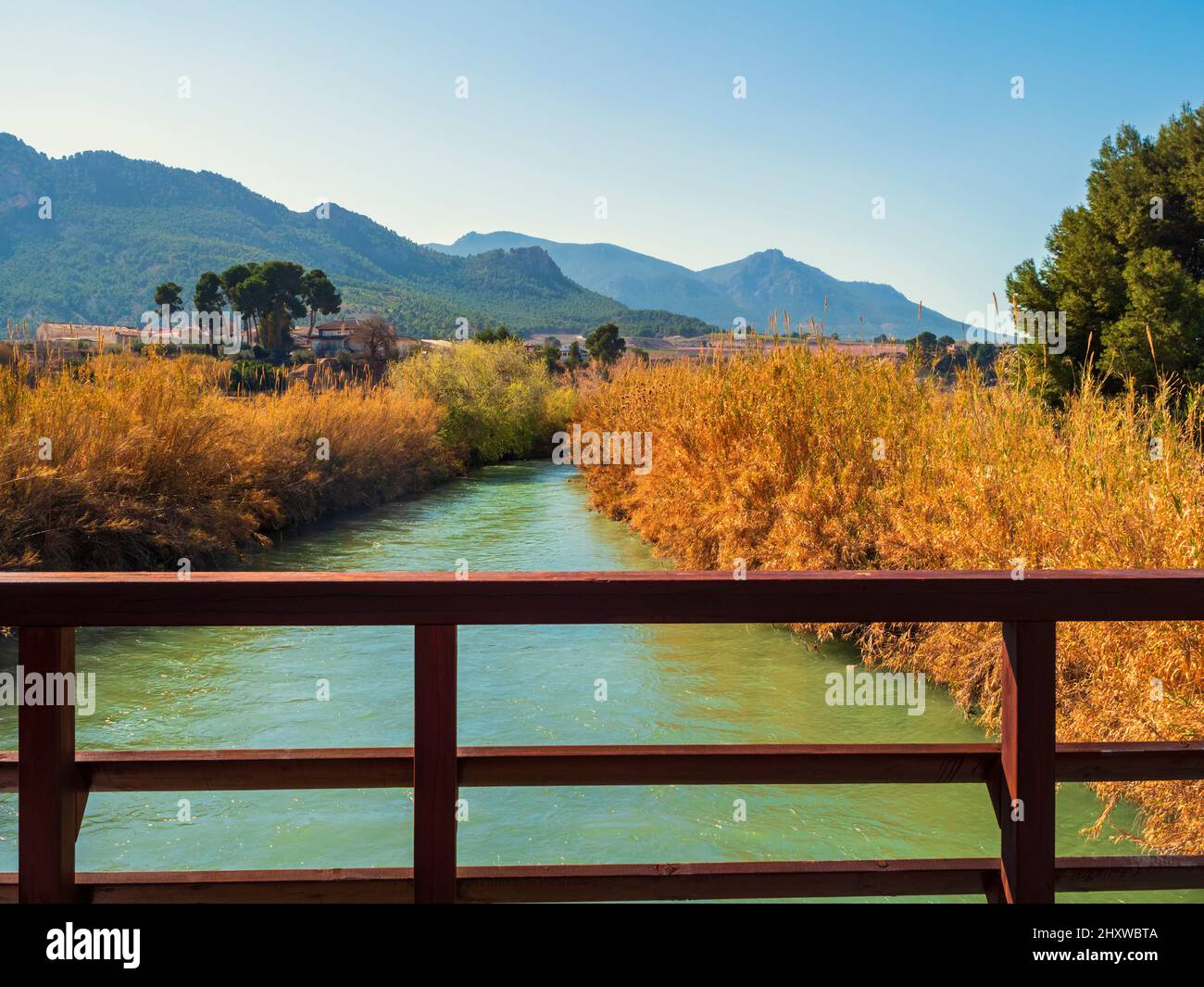 Der Fluss Segura, der von einer Holzbrücke in der Stadt Cieza durch Murcia fließt. Stockfoto