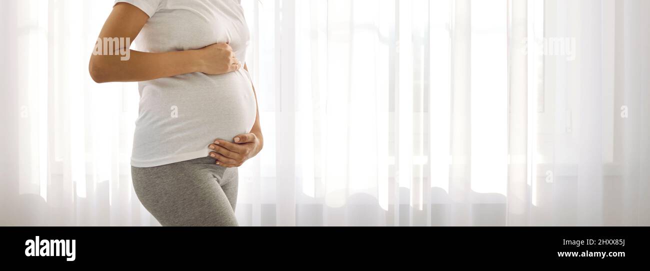 Kopieren Raum Banner Hintergrund mit einer glücklichen schwanger Frau hält ihre Hände auf ihrem Bauch Stockfoto