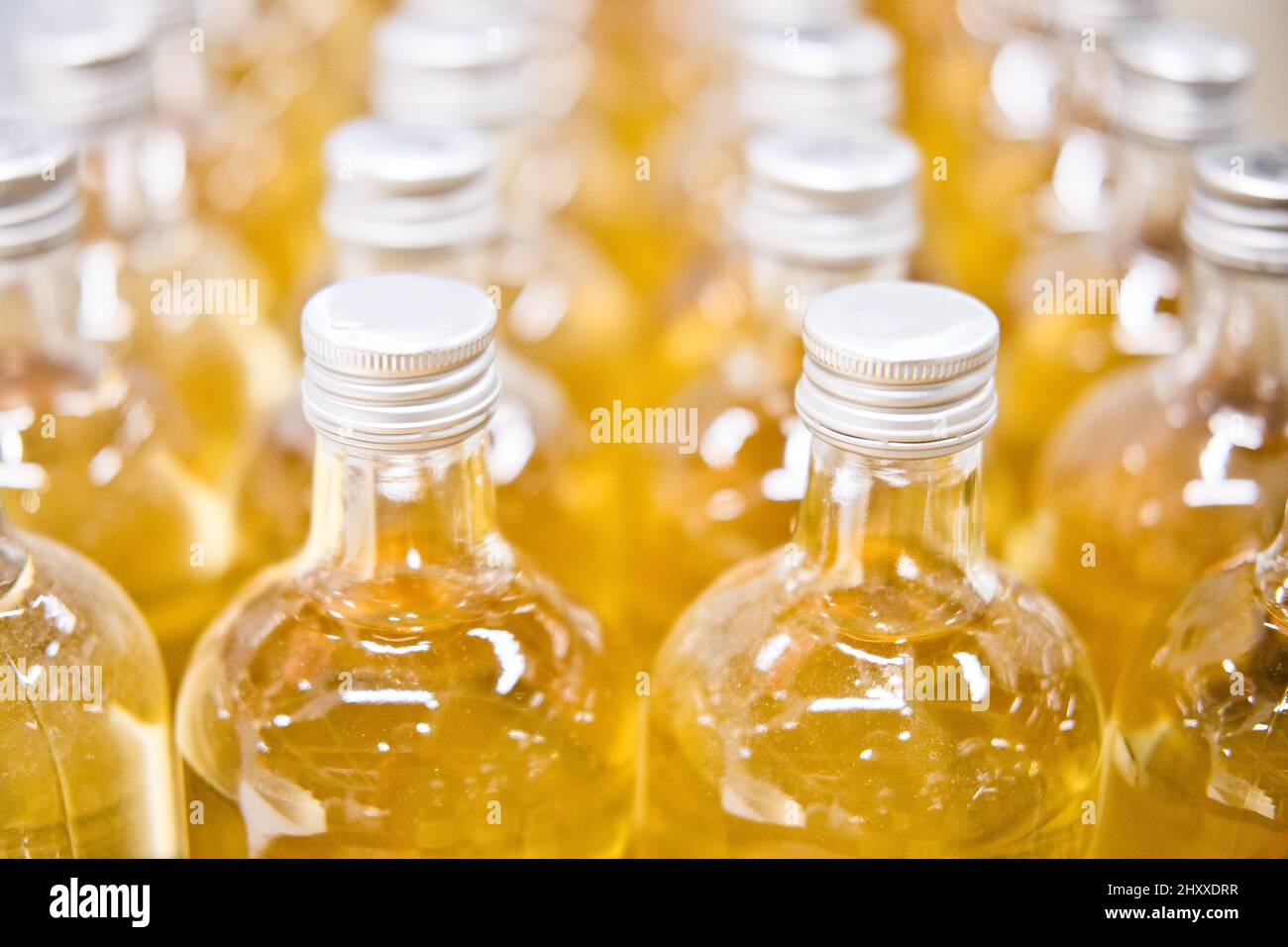 Die Menge der Glasflaschen mit gelbem Apfel- oder Ananassaft. Getränkeproduktion und Abfüllkonzept. Stockfoto