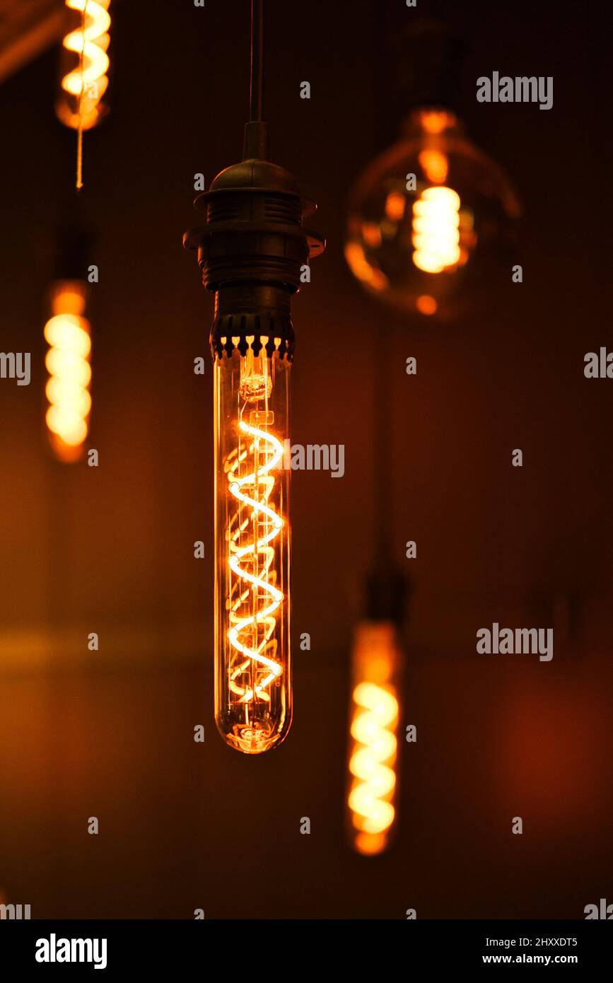 Vintage-Lampen in Glaskolben mit einem Wolfram-Gewinde innen auf dunklem  Hintergrund für moderne Innenausstattung Stockfotografie - Alamy