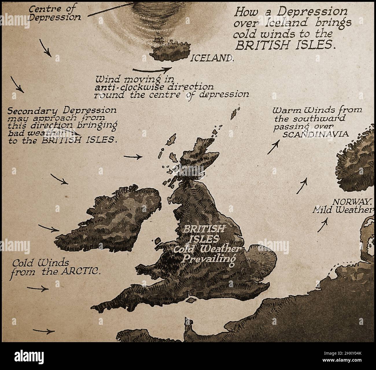 c1940- eine alte Pictoria; meteorologische Karte, die zeigt, wie eine Depression über Island die Britischen Inseln beeinflusst. Stockfoto