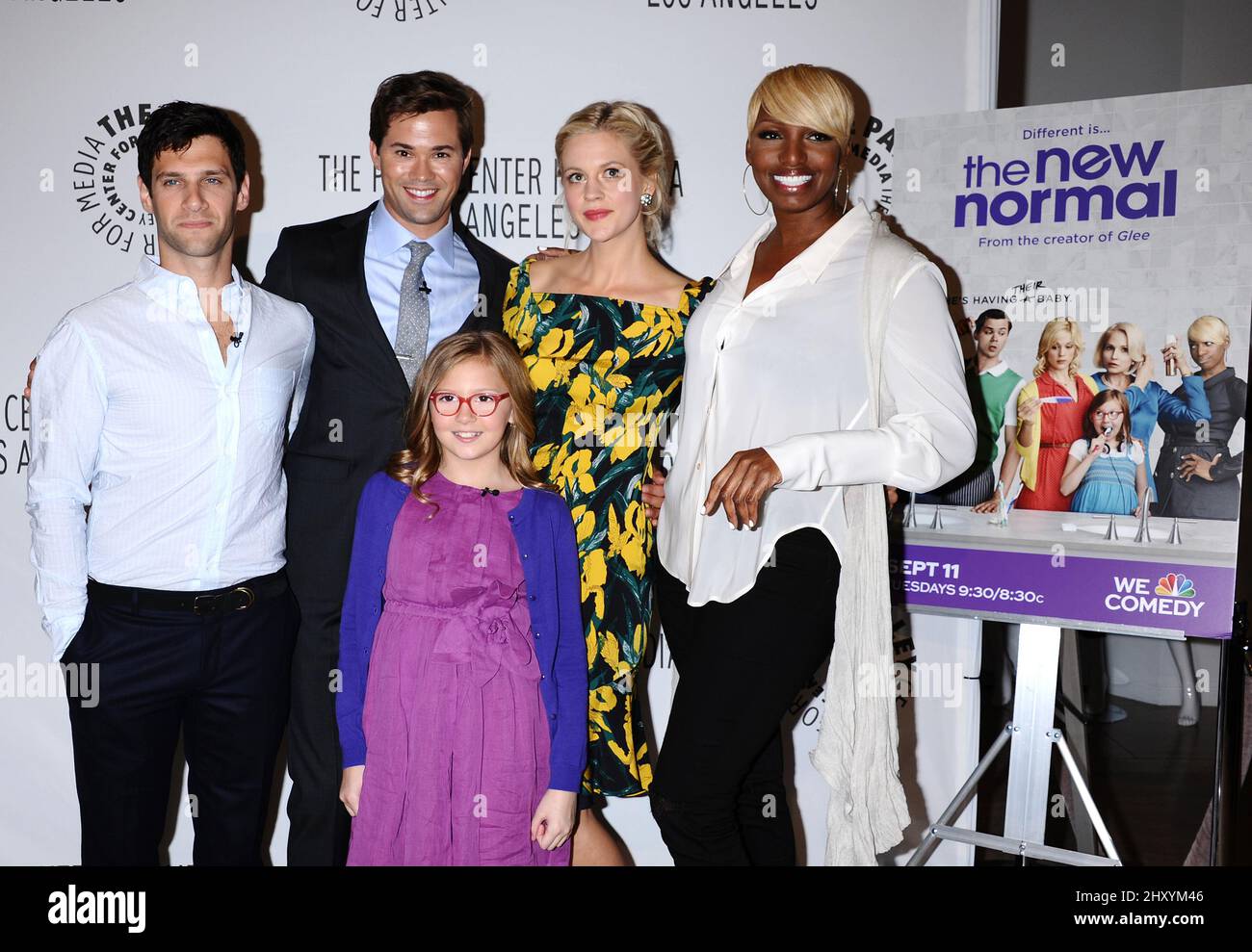 Justin Bartha, Andrew Rannells, Georgia King, Bebe Wood und Nene Leakes bei der Herbst-TV-Vorschau 2012 für NBC's „The New Normal“ bei der Herbst-TV-Vorschau 2012 für NBC's „The New Normal“ im Paley Convention Center, Kalifornien. Stockfoto