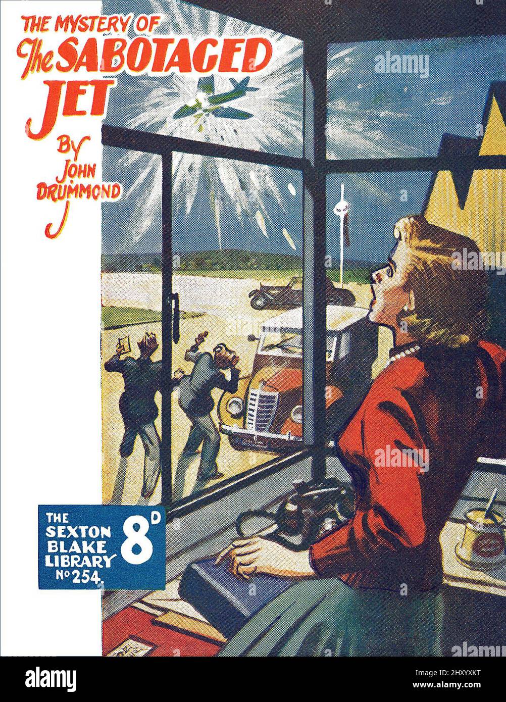 Vintage 1951 Frontcover des Mystery of the Sabotaged Jet von John Drummond, einer Detektivgeschichte von Sexton Blake. Illustriert von Eric Parker. Stockfoto