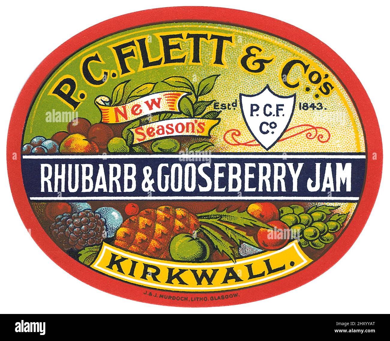 Etikett für Rhabarber- und Stachelbeermarmelade von P. C. Flett & Co Stockfoto