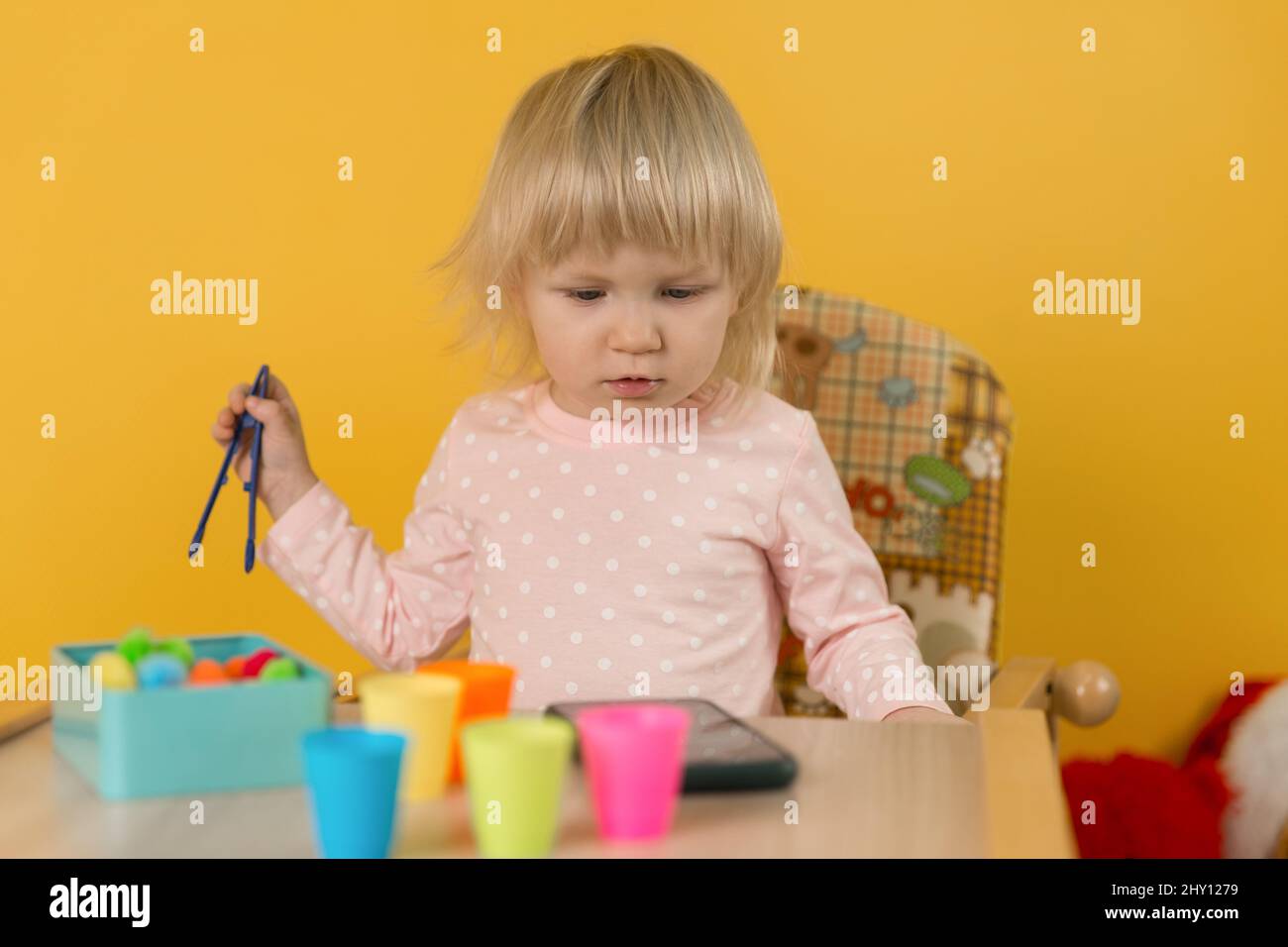 Ein zweijähriges Mädchen in rosa Kleidung an einem Tisch gegen die gelbe Wand legt Kugeln in bunten Tassen nach Farben aus und schaut in das Smartphone Stockfoto