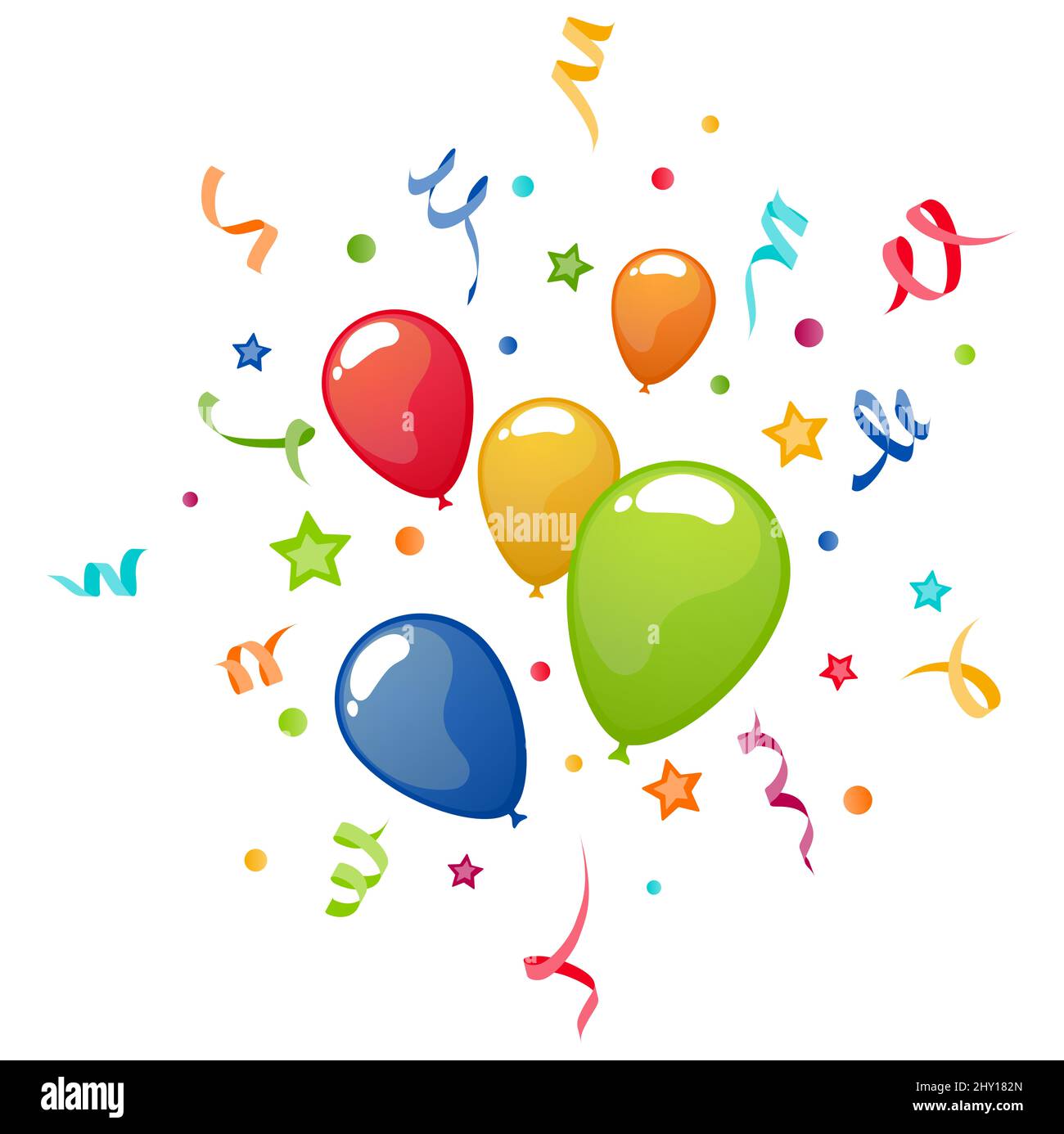eps Vektor Illustration von verschiedenen farbigen fliegenden Ballons, Luftschlangen, Konfetti und Sterne explodieren, Verwendung für Karneval oder Kinderparty Werbung Stockfoto