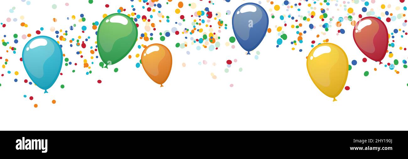 EPS 10 Vektor-Illustration von nahtlos farbigen fröhlichen Ballons und Konfetti auf weißem Hintergrund für Geburtstag, Faschingsfeier oder sylvester Vorlage usag Stockfoto