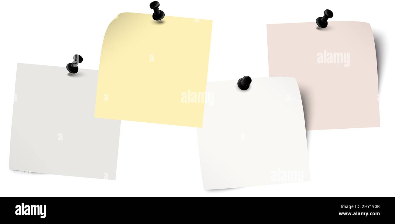 eps-Vektordarstellung mit kleinen Haftnotizen in einer Reihe mit farbigen Nadelstichen und freiem Kopierraum für Ihren eigenen Text Stockfoto